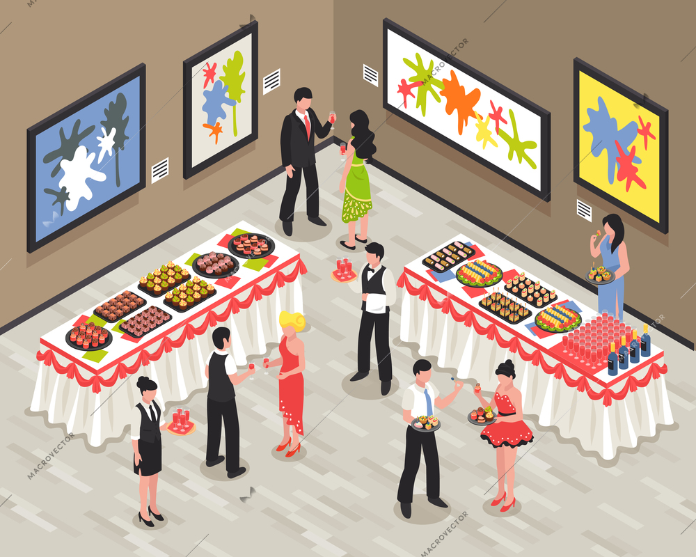 Banquet room with guests staff food and drinks on tables walls with bright pictures isometric vector illustration