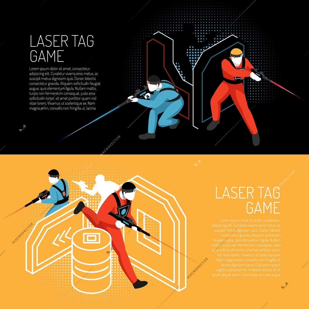 Laser tag multiplayer team game 2 isometric horizontal colorful background banners with players in action vector illustration