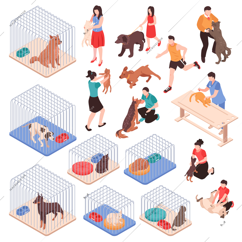 Animal shelter with dogs and cats in cages human characters with pets isometric set isolated vector illustration