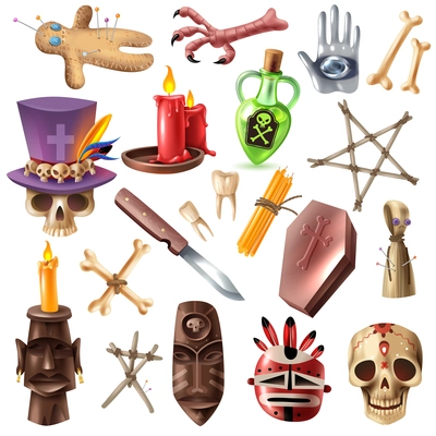 Voodoo african occult practices attributes collection with skull bones mask candles ritual doll pins realistic vector illustration
