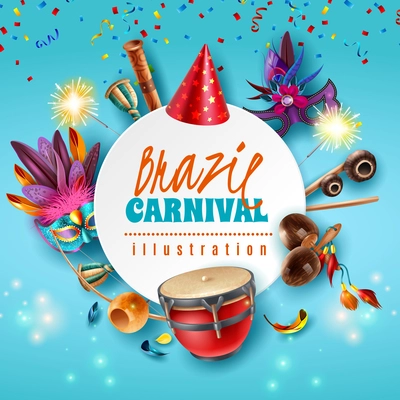 Brasil carnaval celebration festive accessories round frame with sparkling lights party hats masks musical instruments vector illustration
