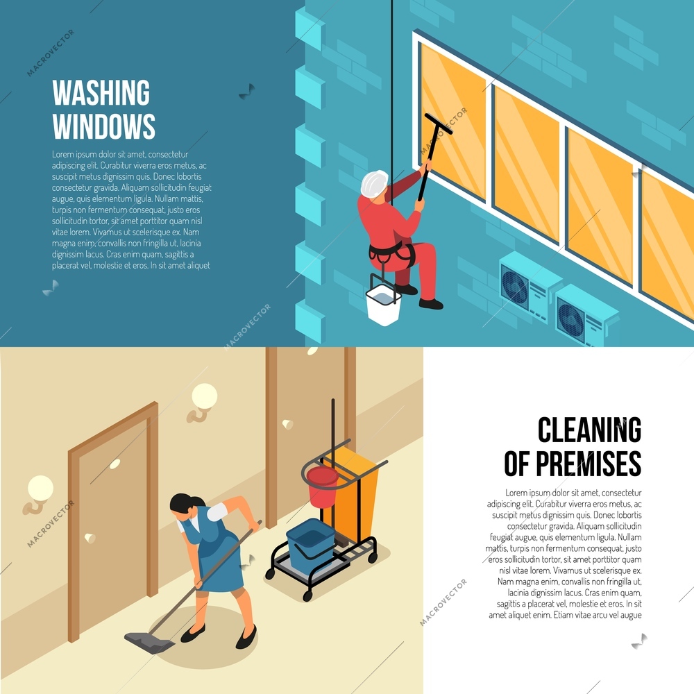 Industrial and commercial cleaning  companies advertising isometric horizontal banners with exterior and interior qualified service vector illustration