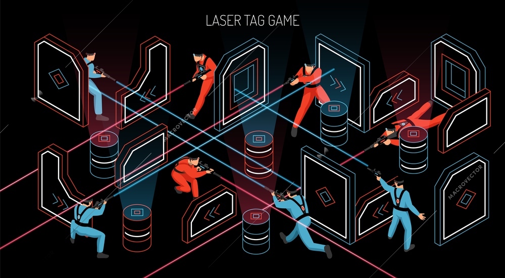 Laser tag indoor outdoor team game horizontal isometric composition with players firing infrared sensitive targets vector illustration