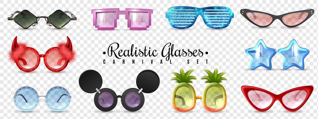 Carnival party masquerade glasses diamond  star cat eye shaped funny sunglasses realistic set transparent background vector illustration