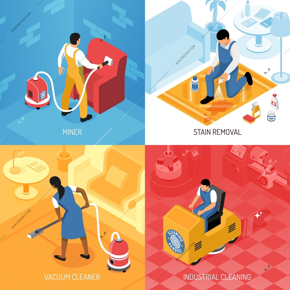 Cleaning service concept isometric set with industrial residential flooring polishing carpets refreshing stains removing isolated vector illustration