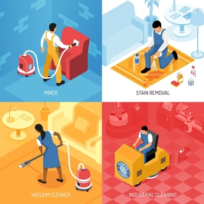 Cleaning service concept isometric set with industrial residential flooring polishing carpets refreshing stains removing isolated vector illustration