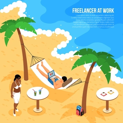 Remote work isometric composition with freelancer at tropical beach in hammock with notebook at work vector illustration