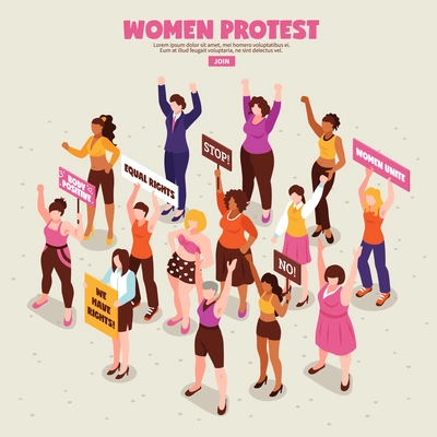 Women feminists with placards during protest action on light background with spots isometric vector illustration