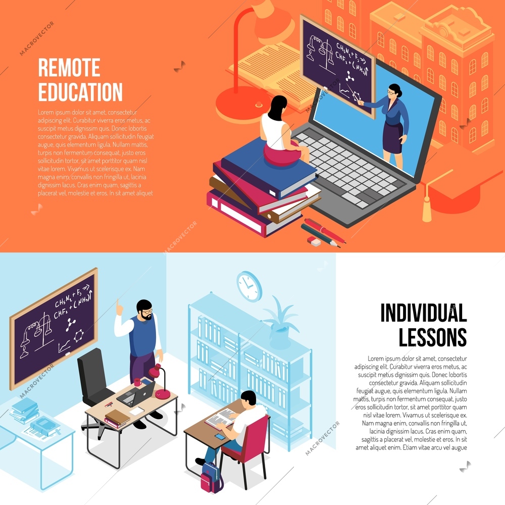 Education 2 horizontal isometric banners with individual private lessons and online college university courses isolated vector illustration