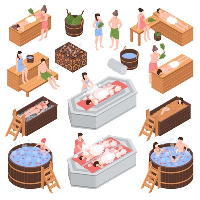 Set of isometric bath house elements and human characters during body cleaning procedure isolated vector illustration