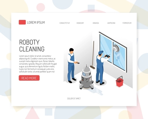 New generation robotic vacuums cleaning service concept isometric website design with navigating window washing device vector illustration