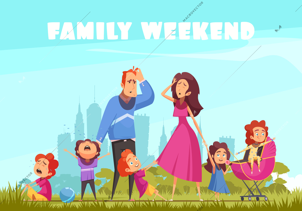 Family weekend in nature colored background with little crying kids and depressed parents flat vector illustration