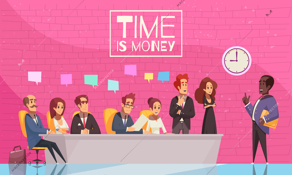 Time is money poster with team of creative business people listening to their boss speech flat vector illustration