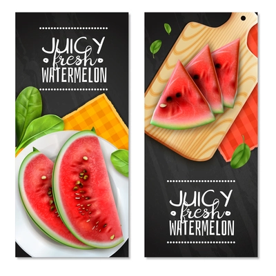 Watermelon servings 2 realistic vertical banners with juicy triangle wedges on cutting board black background vector illustration
