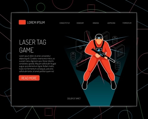 Laser tag game concept rules equipment  offers isometric design with player holding gun black background vector illustration
