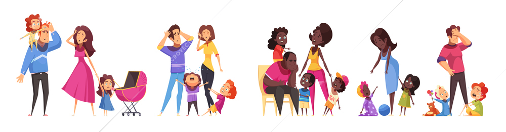Set of isolated cartoon compositions showing routine scenes of family relations between adult and children vector illustration