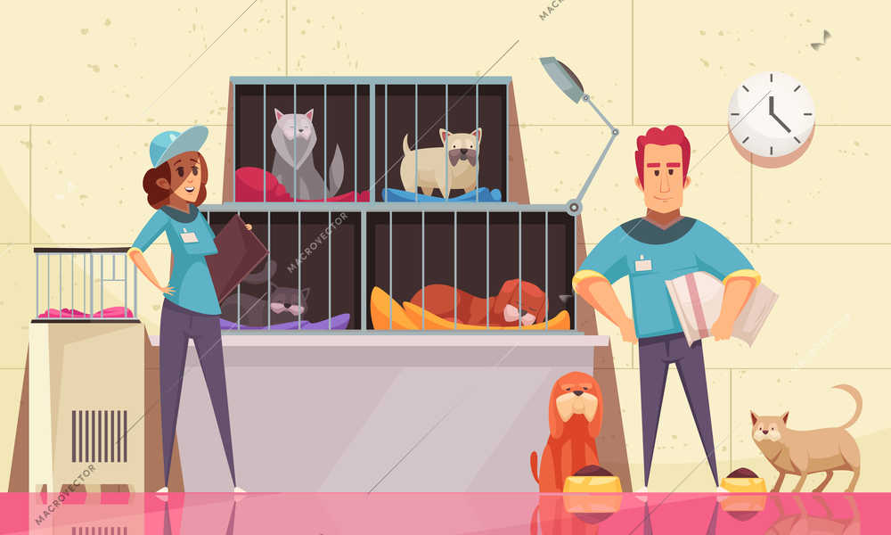 Animal shelter horizontal illustration with pets sitting in cages and volunteers feeding animals flat vector illustration