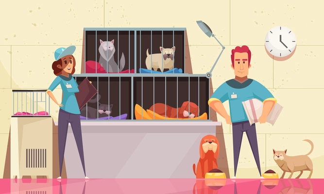 Animal shelter horizontal illustration with pets sitting in cages and volunteers feeding animals flat vector illustration