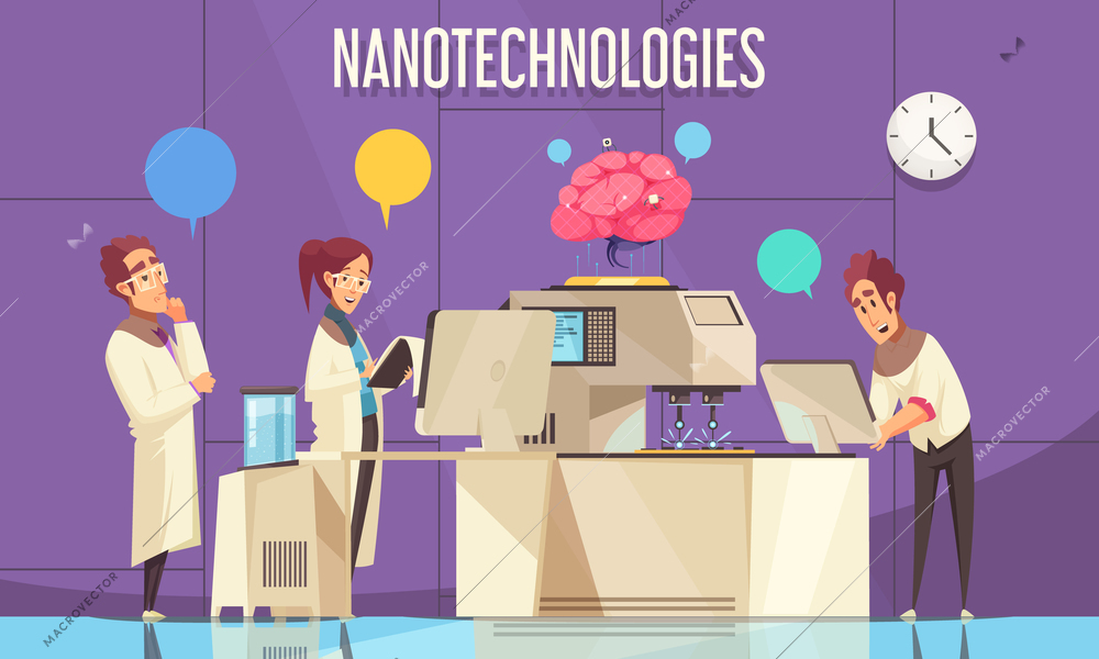 Nanotechnologies flat poster with scientists conducting experiments on human brain in modern scientific laboratory vector illustration