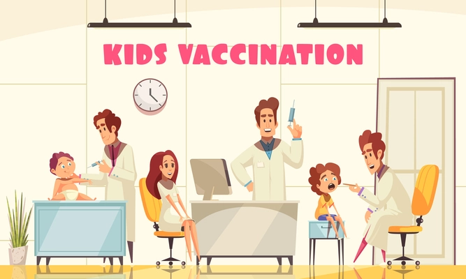 Kids vaccination poster illustrated how medical staff vaccinates young patients in clinic flat vector illustration