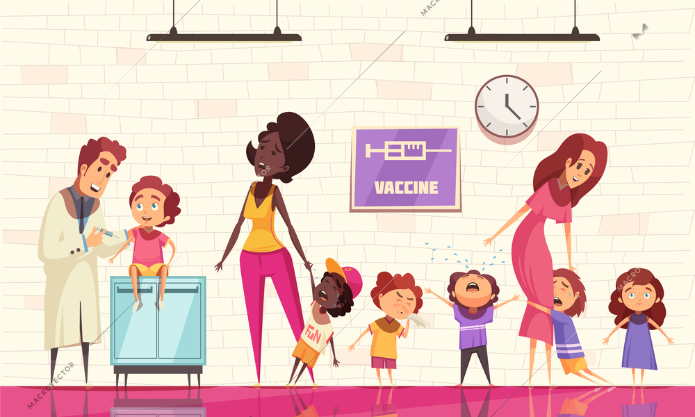 Kids vaccination vector illustration with pediatrician holding syringe and crying children afraid of vaccine injection