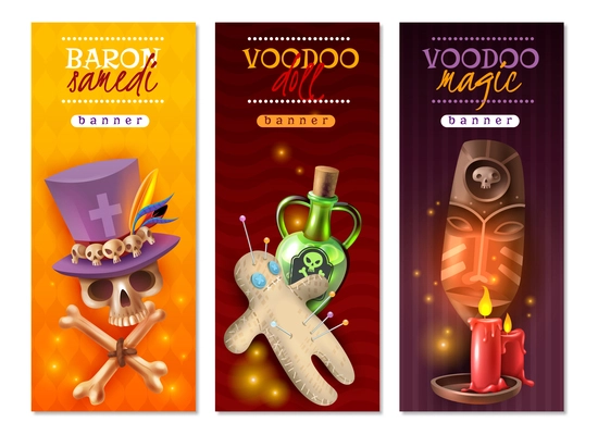 Voodoo religious occult practices with doll colorful pins love hate revenge messages 3 vertical banners vector illustration