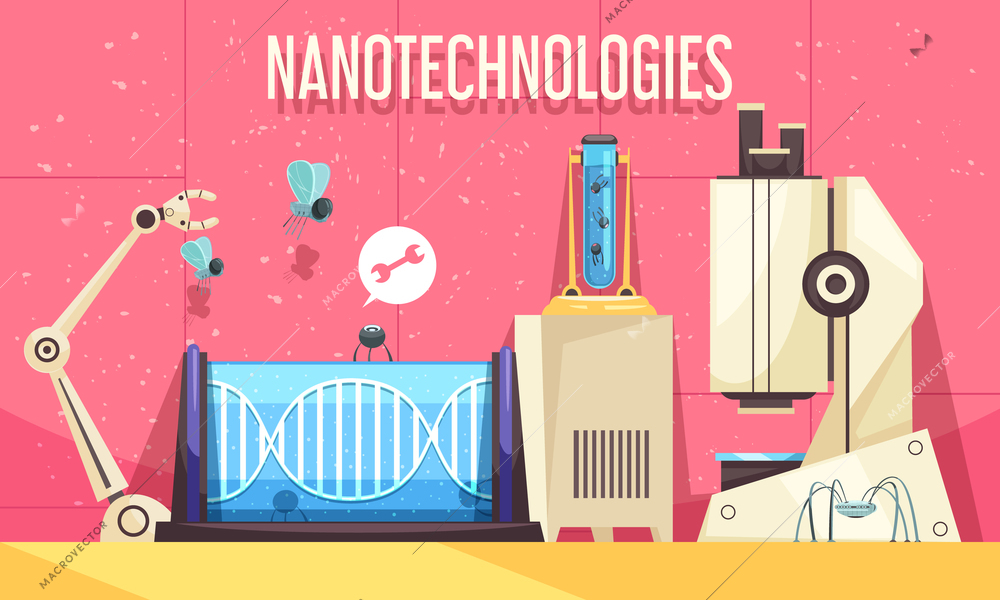 Nanotechnologies horizontal vector illustration with elements of modern devices used in genetic engineering and scientific research