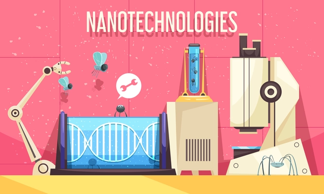 Nanotechnologies horizontal vector illustration with elements of modern devices used in genetic engineering and scientific research