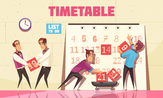 Timetable vector illustration with people attracted to time management for planning work process