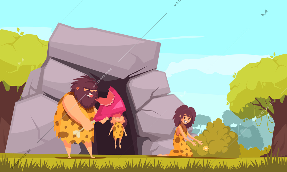 Primitive man cartoon vector illustration with caveman family dressed in animal pelts eating meat near their cave