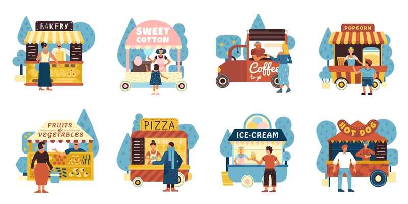 Street food icons set with sellers and buyers symbols flat isolated vector illustration