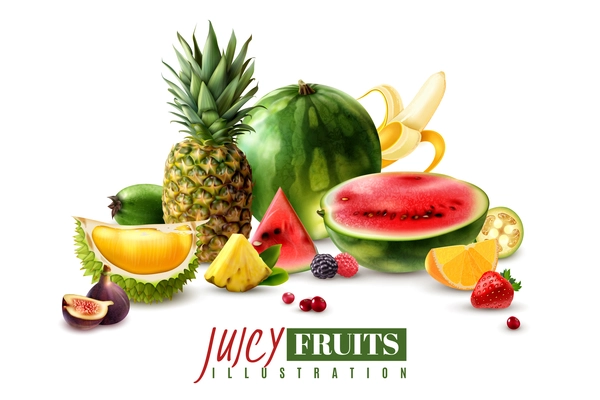 Fresh juicy fruits whole and serving pieces wedges slices realistic composition with watermelon fig pineapple vector illustration