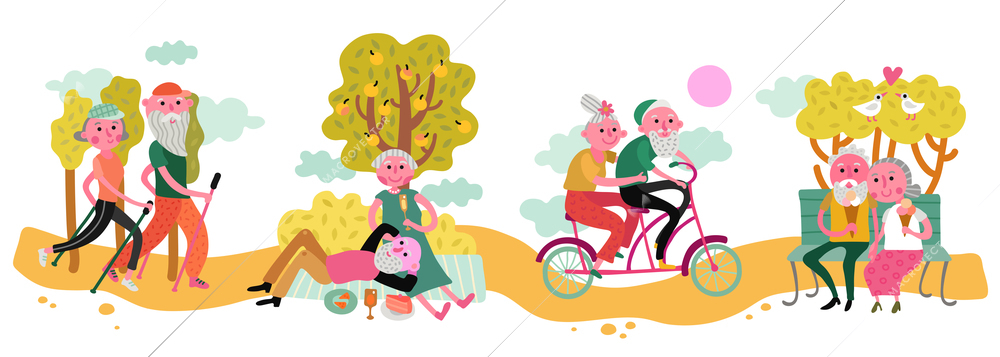Elderly couple horizontal flat vector illustration with love and care symbols