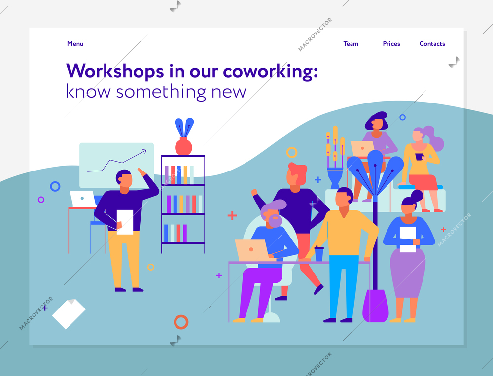 Workshops in coworking page design with new ideas symbols flat vector illustration