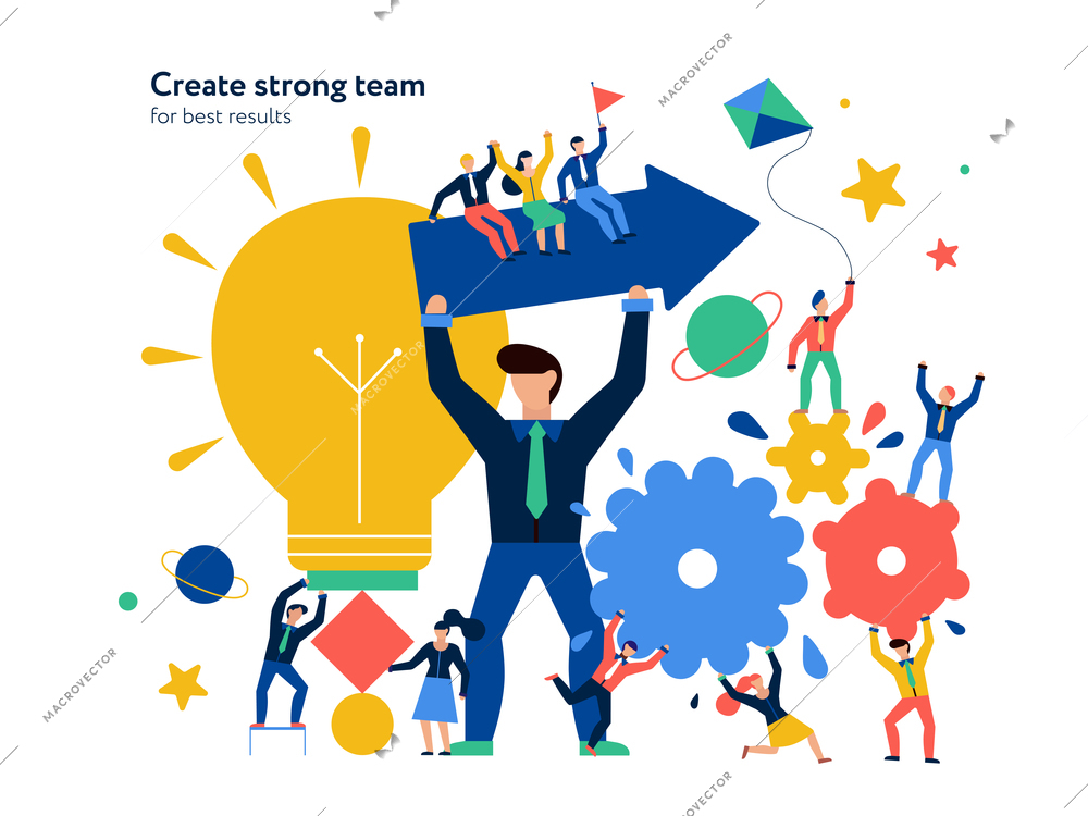 Teamwork page design with new ideas and dreams symbols flat vector illustration