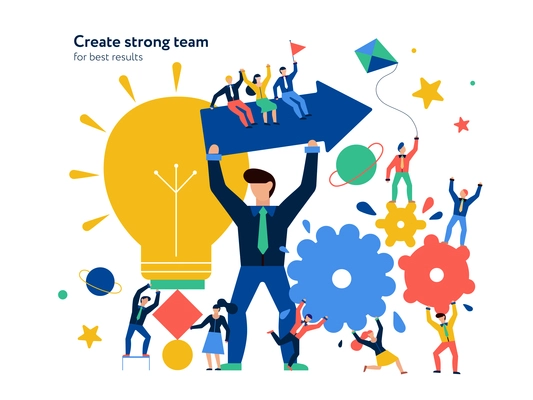 Teamwork page design with new ideas and dreams symbols flat vector illustration