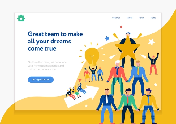 Teamwork page design with new ideas and dreams symbols flat vector illustration