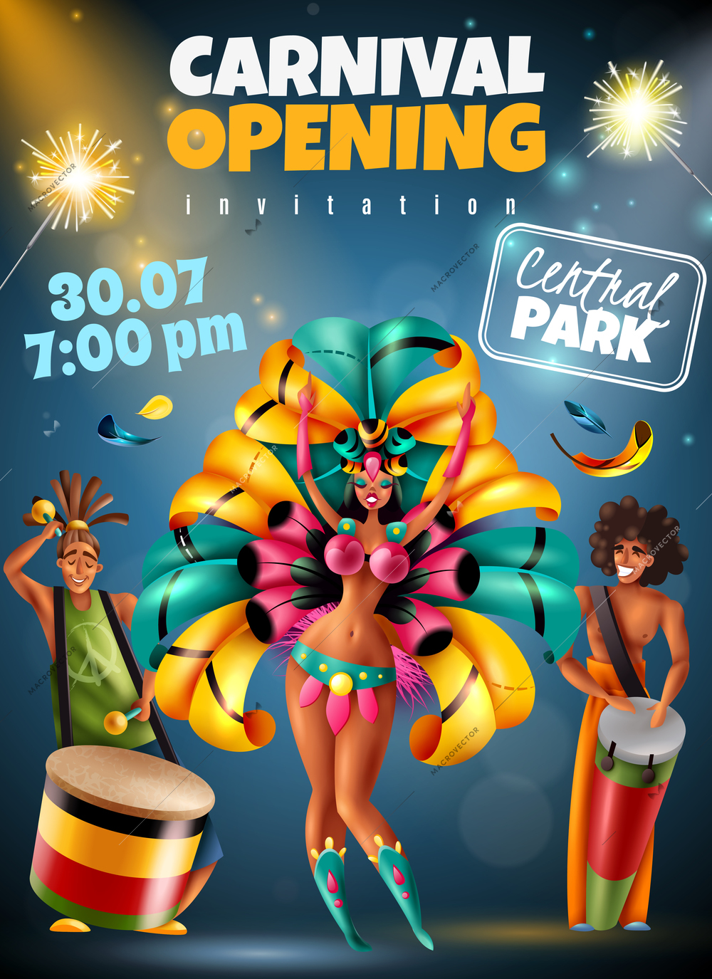 Brazilian annual carnival festival opening announcement colorful invitation poster with sparkling lights dancer musicians costumes vector illustration