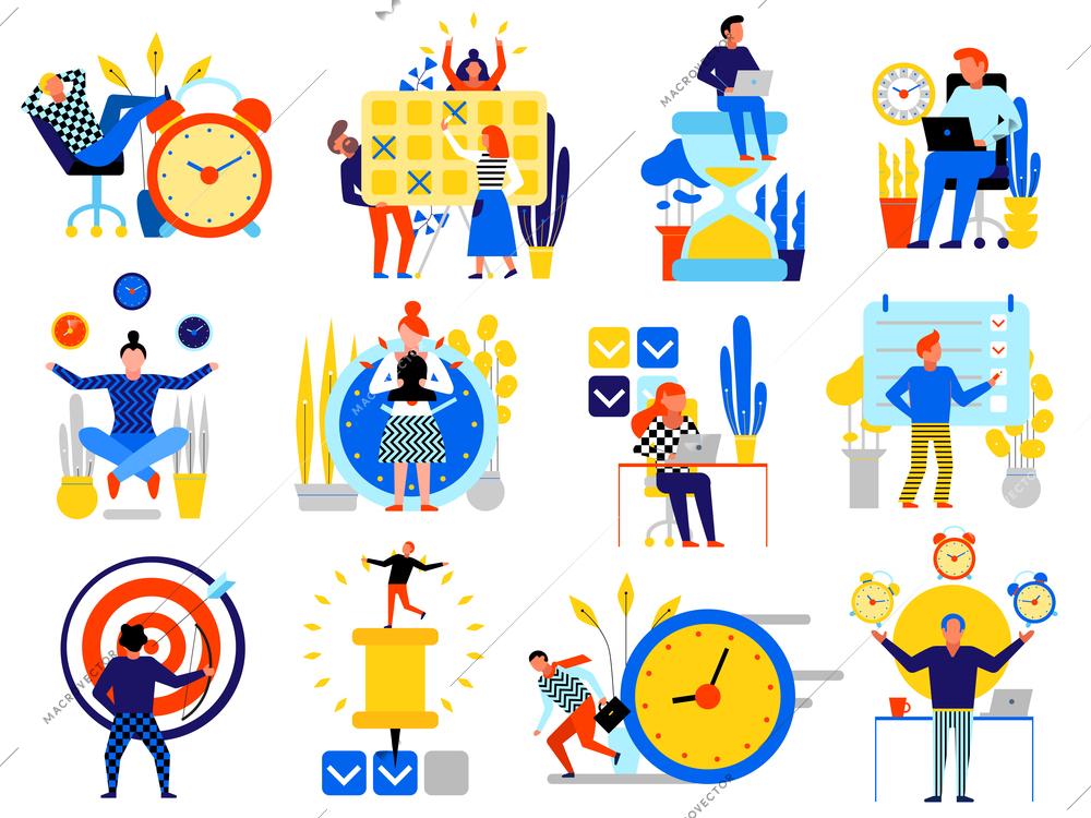 Time management icons set with planning schedule symbols flat isolated vector illustration