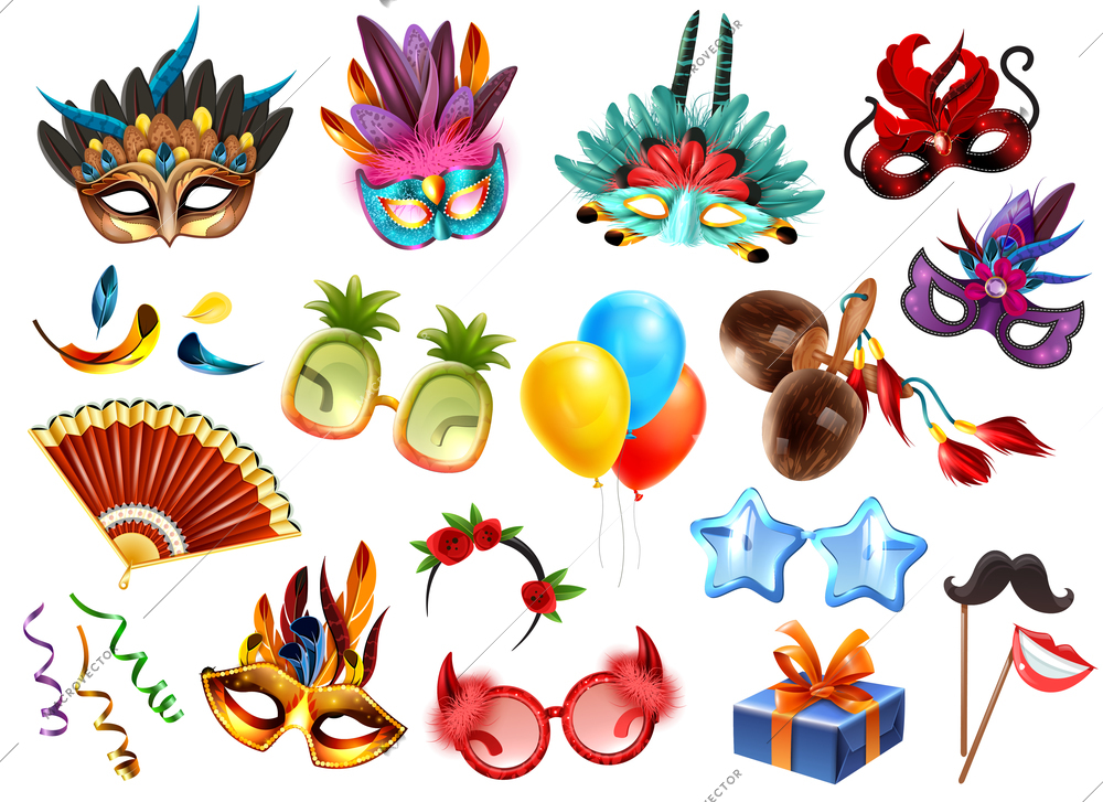 Carnival masquerade festival celebration attributes accessories realistic colorful set with presents masks glasses feathers balloons vector illustration