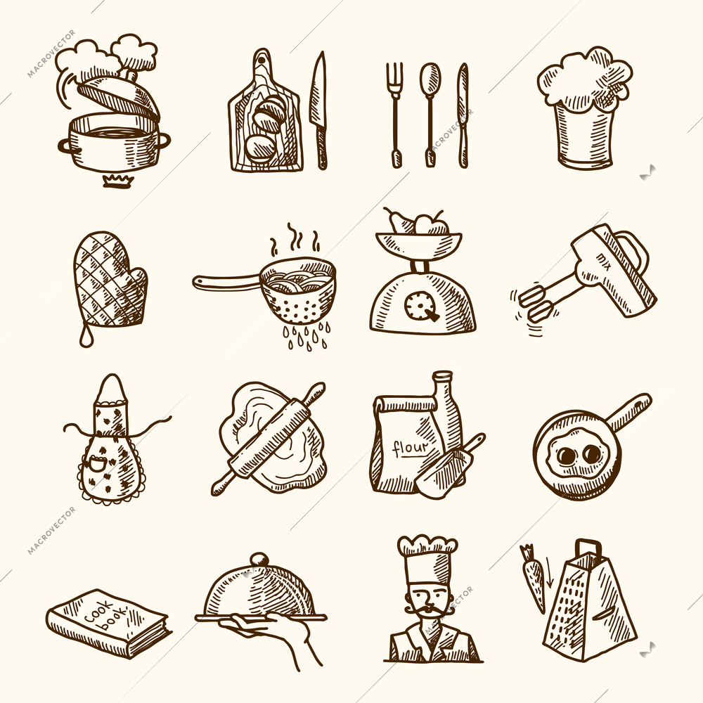 Cooking process delicious food sketch icons set isolated vector illustration
