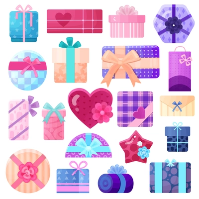 Gifts boxes and packages set for birthdays and other holidays flat isolated vector illustration