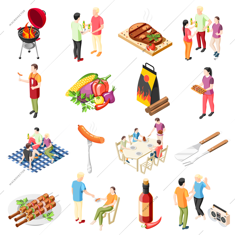 Grill bbq party isometric icons collection with isolated icons of barbecue food outdoor grill and people vector illustration