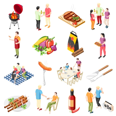Grill bbq party isometric icons collection with isolated icons of barbecue food outdoor grill and people vector illustration