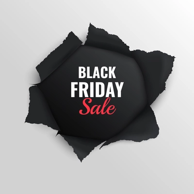 Black friday sale realistic composition on grey background with torn paper vector illustration