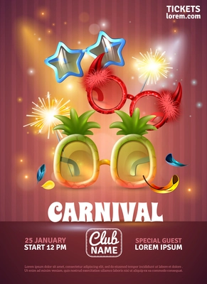 Christmas party celebration carnival  special club invitation realistic poster  with bengal lights and funny glasses vector illustration