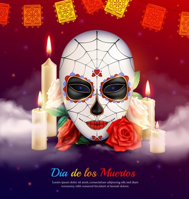 Mexican holiday day of dead realistic composition with scary mask candles and roses vector illustration