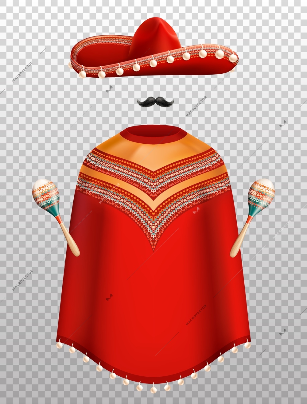 Mexican traditional clothes realistic set with sombrero poncho and maracas isolated on transparent background vector illustration