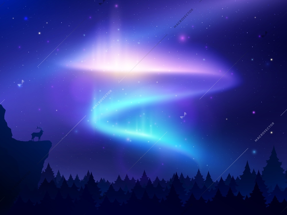 Realistic background with northern lights in night sky over forest and mountain vector illustration