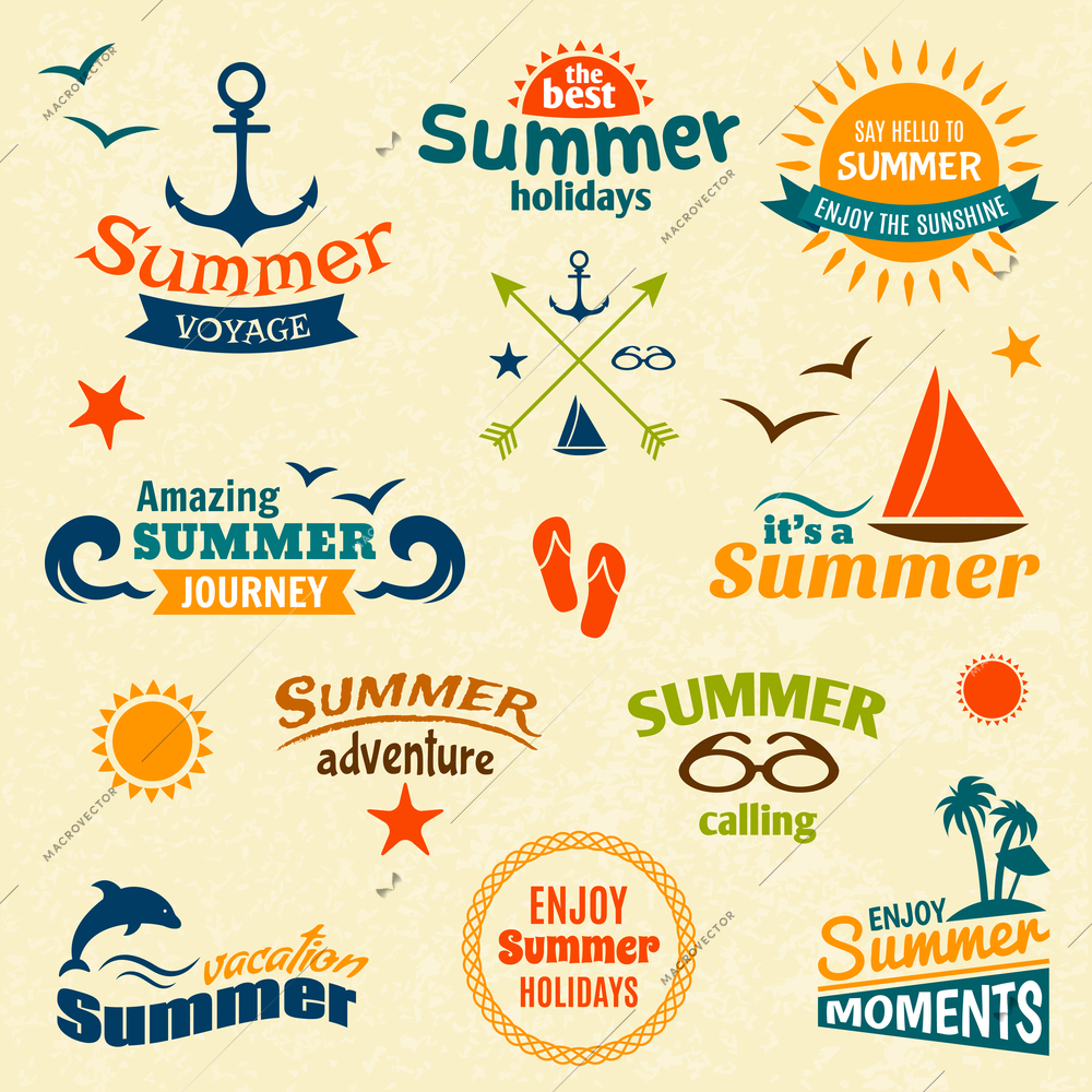 Vintage summer voyage enjoy holidays elements label set vector illustration